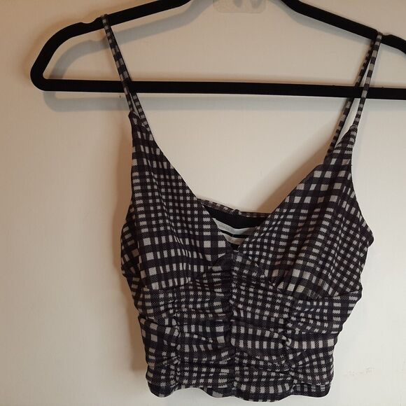 NWT S Urban Outfitters B&W Gingham Plaid Cami Crop Top w/ Ruching Small Sm black - Picture 2 of 9